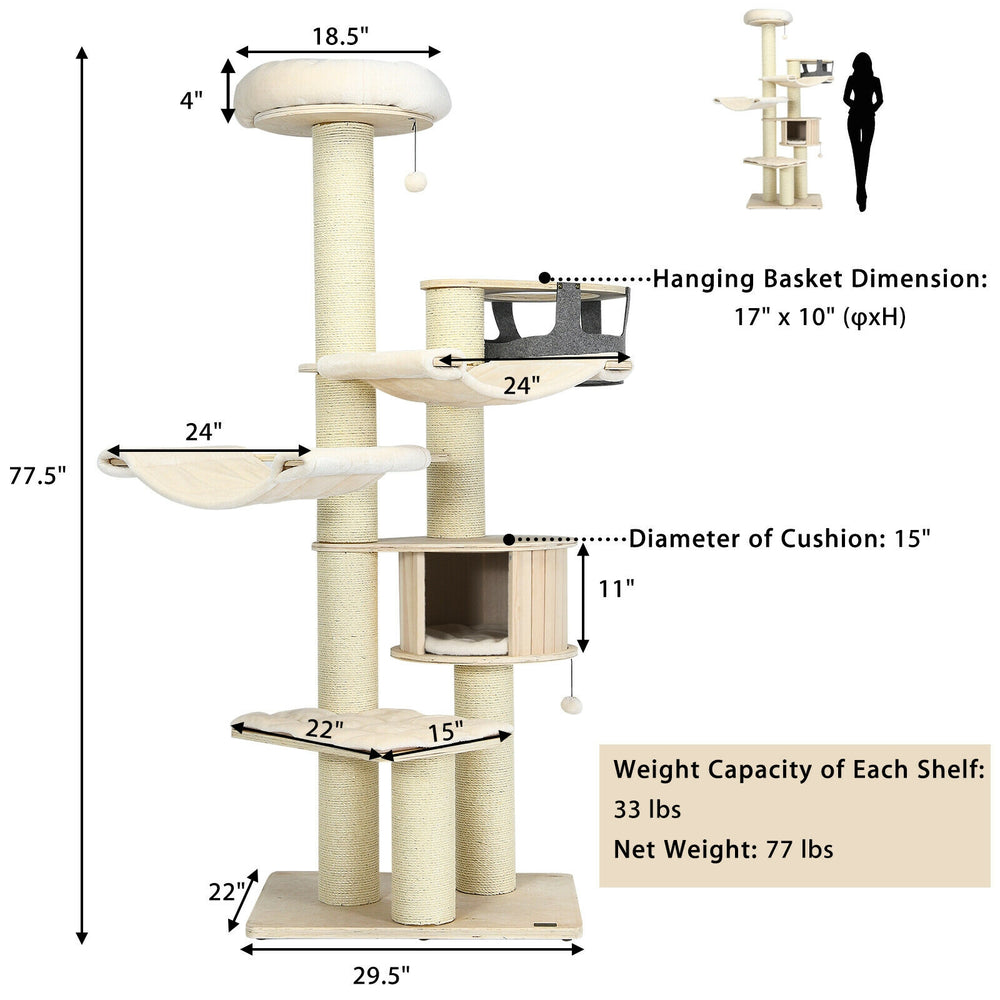 Multi-level 77.5-inch cat tree with sisal posts, plush fabric, and removable pads for cozy feline fun and rest.