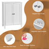 2-door bathroom storage cabinet with adjustable shelves, white MDF, non-slip foot pads, ideal for towels and toiletries.