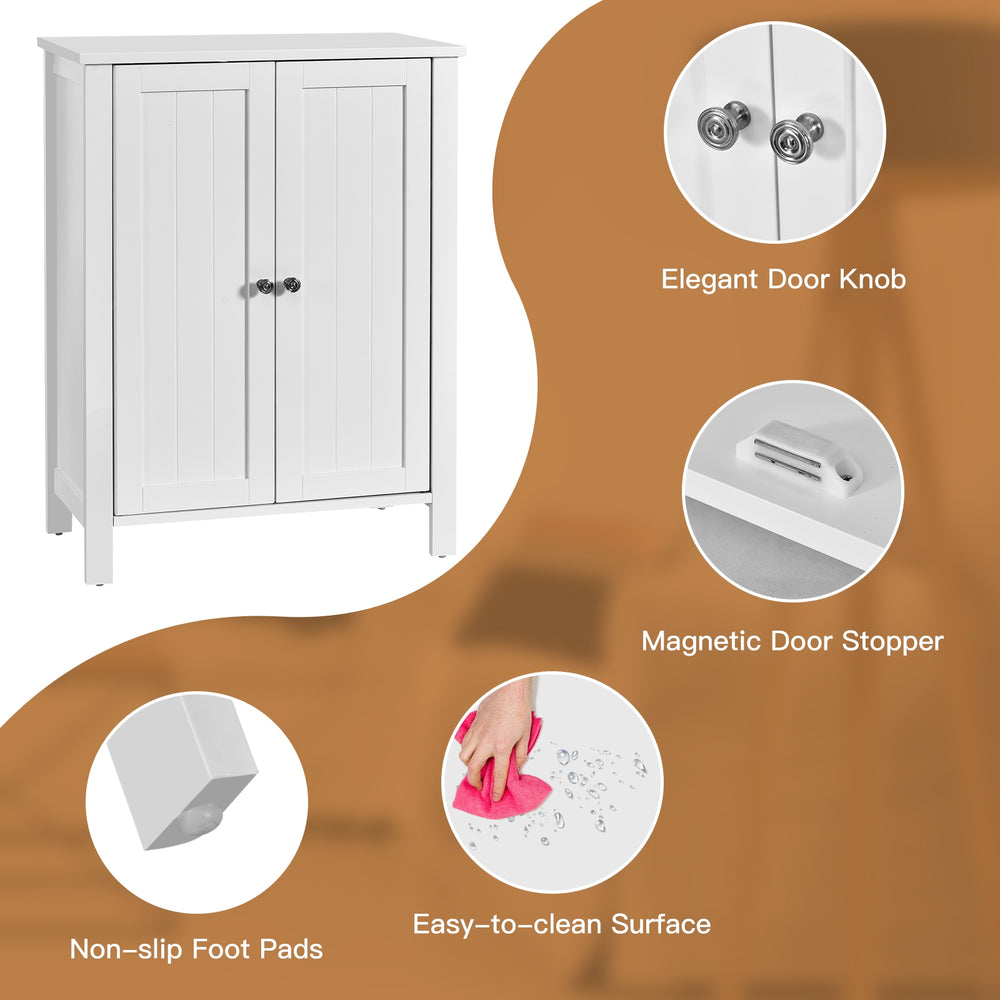 2-door bathroom storage cabinet with adjustable shelves, white MDF, non-slip foot pads, ideal for towels and toiletries.