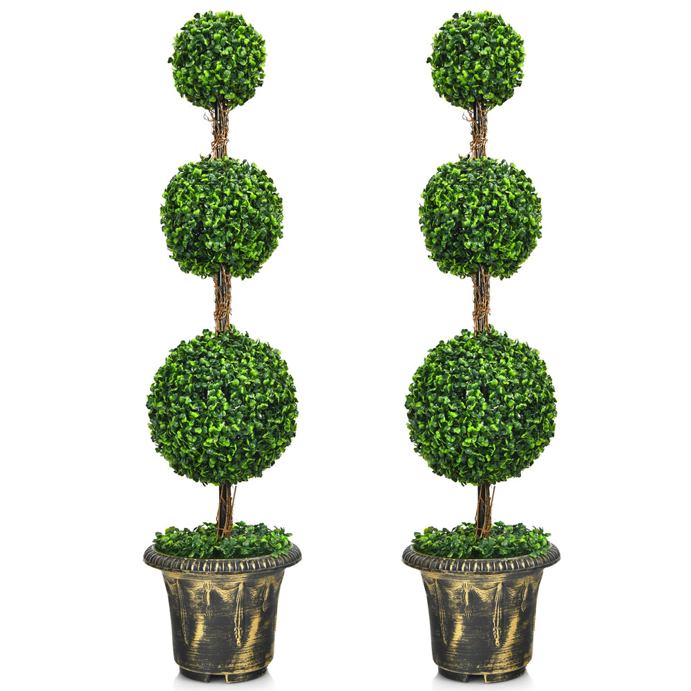 Artificial topiary triple ball tree plant, 4 feet tall, with realistic PE leaves and sturdy cement-filled pot for.