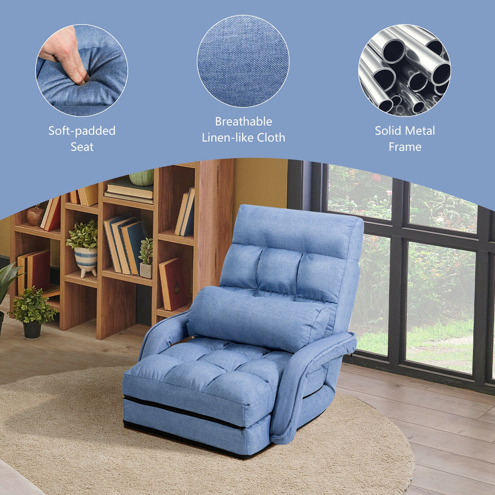 Folding lazy floor chair sofa in blue with armrests, soft padding, and detachable cushion for comfortable lounging.