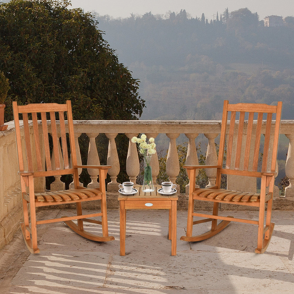 Eucalyptus rocking chair set with coffee table, perfect for patio relaxation, featuring ergonomic design and classic.