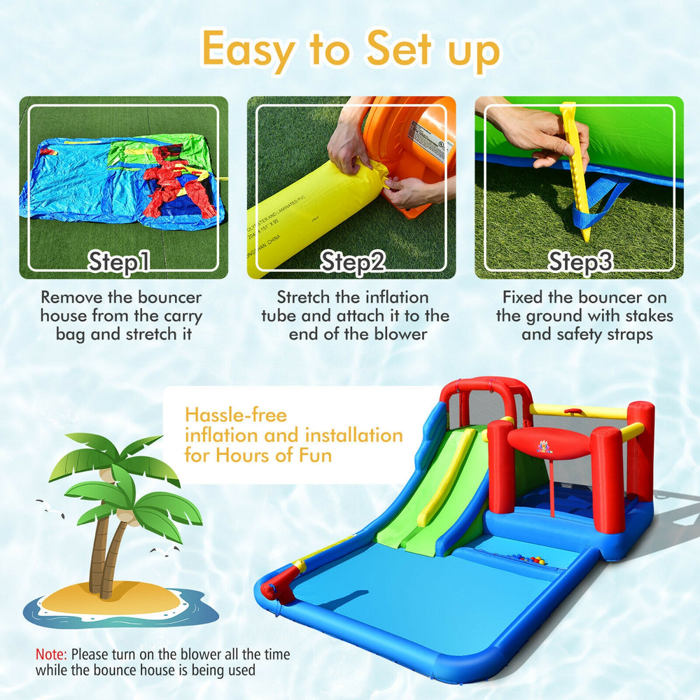 Inflatable water slide with climbing wall and ball pit, crafted from high-grade oxford cloth for outdoor fun.