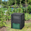 80-gallon outdoor composter with large openable lid and bottom exit door, ideal for garden composting and fertilizer.