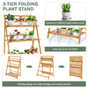 3-tier bamboo folding plant stand with open shelves for displaying potted plants, ideal for indoor and outdoor use.
