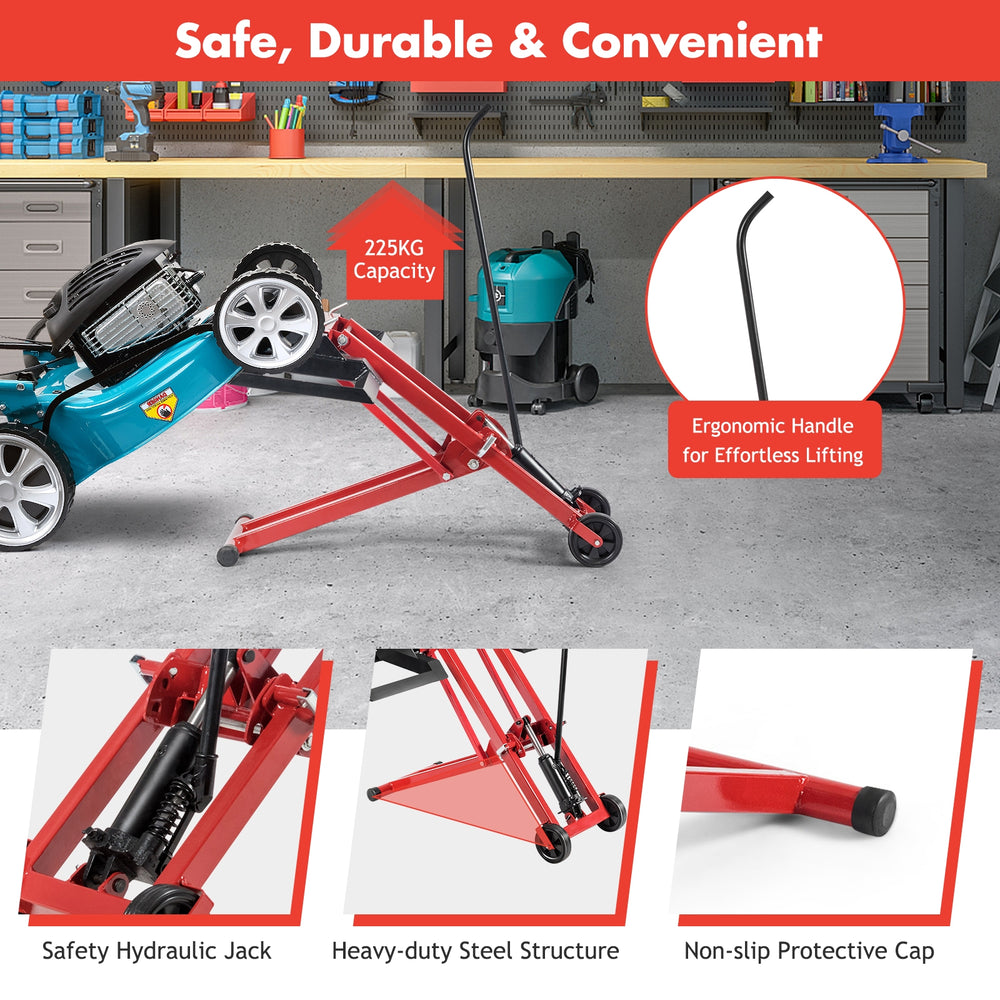 Hydraulic lawnmower lift jack with ergonomic handle, adjustable height, and 225KG capacity for easy maintenance.