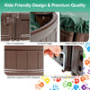 Brown sandbox featuring built-in corner seats, dust-proof cover, and weather-resistant HDPE material for outdoor fun.