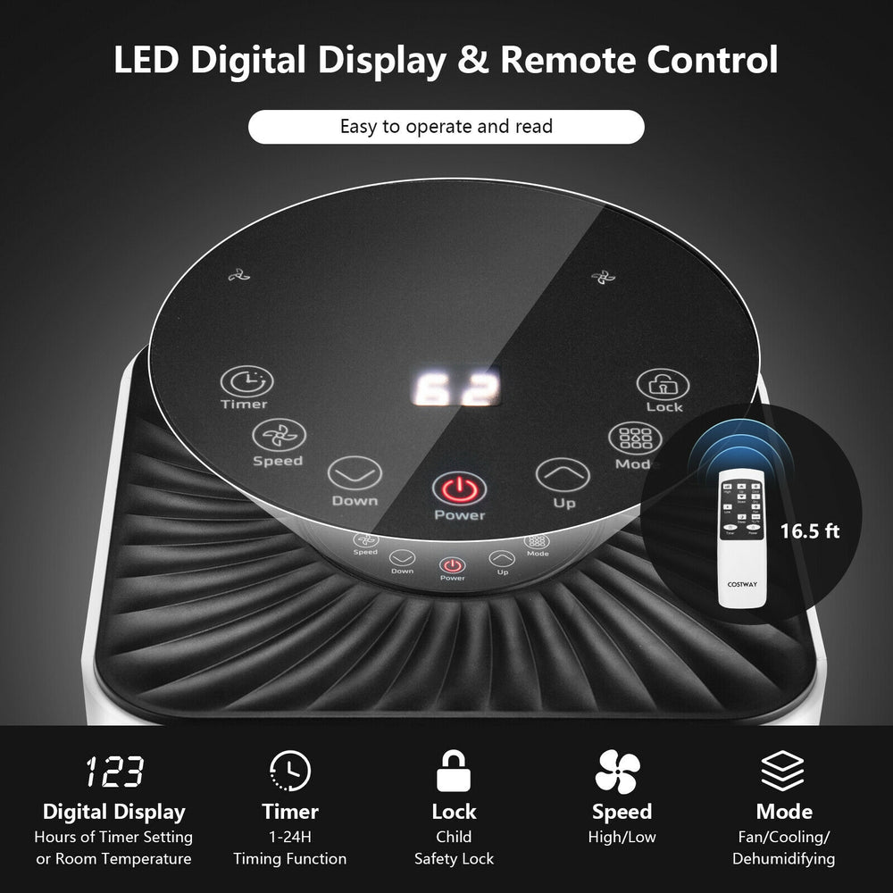 Portable air conditioner with remote control, 8000BTU cooling capacity, LED display, ideal for bedrooms and small.