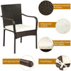 Single stackable patio rattan dining chair with waterproof cushion and anti-slip foot pads, ideal for garden and patio.