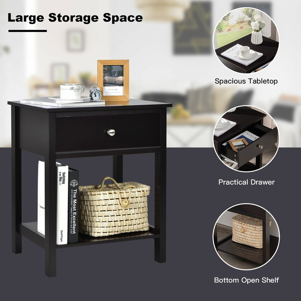 Wooden storage shelf in black with a spacious tabletop, practical drawer, and bottom open shelf for versatile storage.