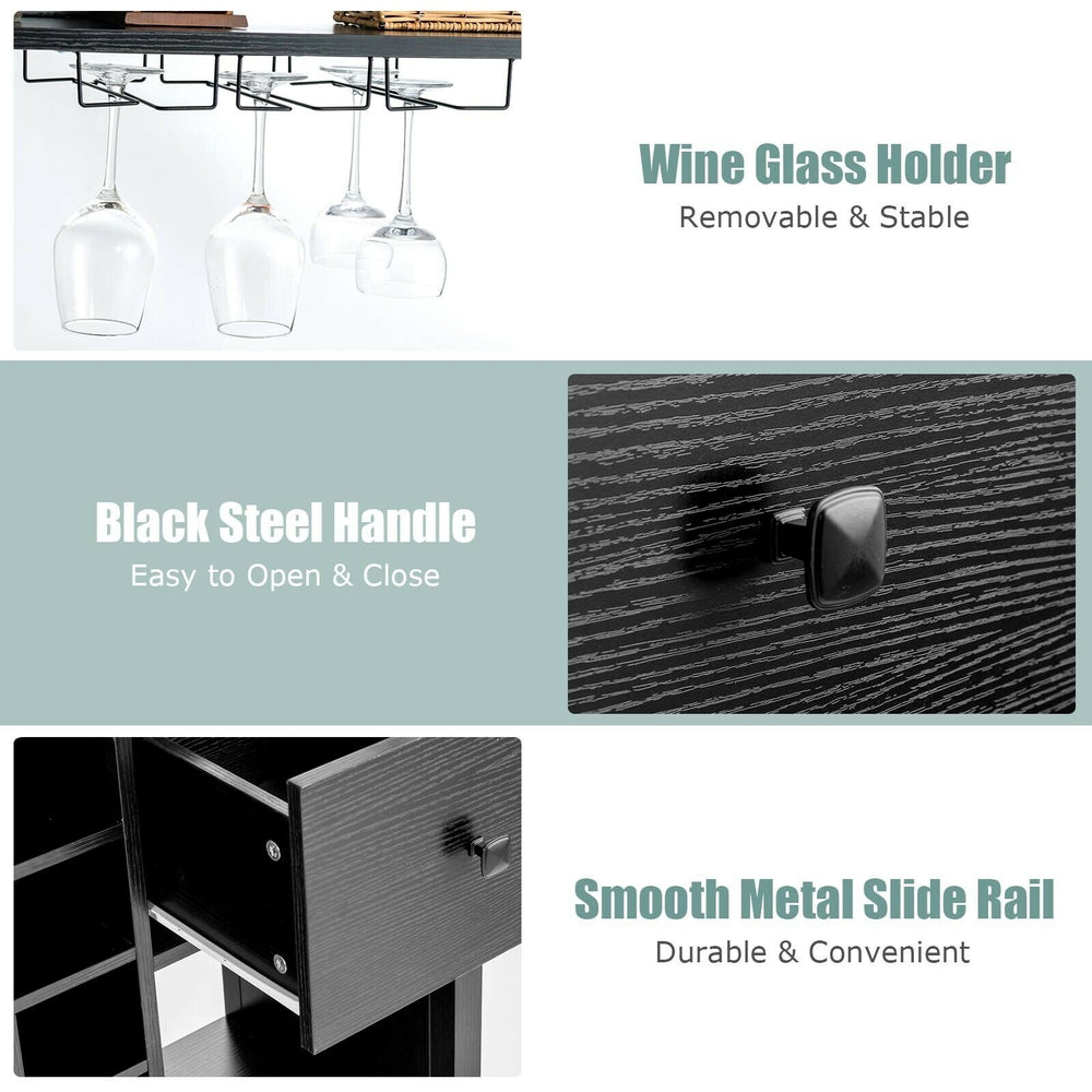 Freestanding black kitchen baker's rack with wine glass holder, drawer, and smooth metal slide rails for easy access.