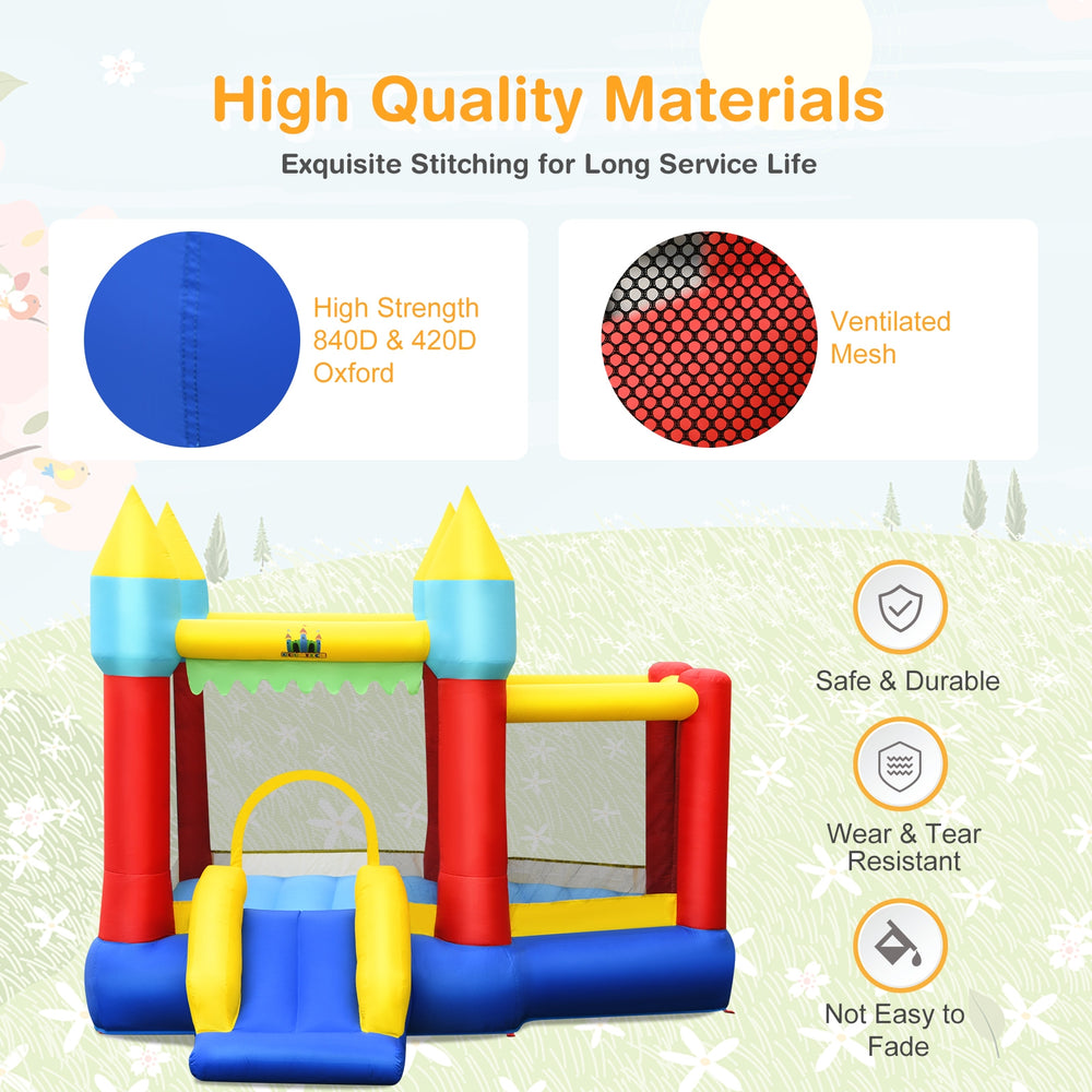 Kid's inflatable bouncer with jumping area, durable oxford cloth, mesh walls, and 480W blower for outdoor fun.