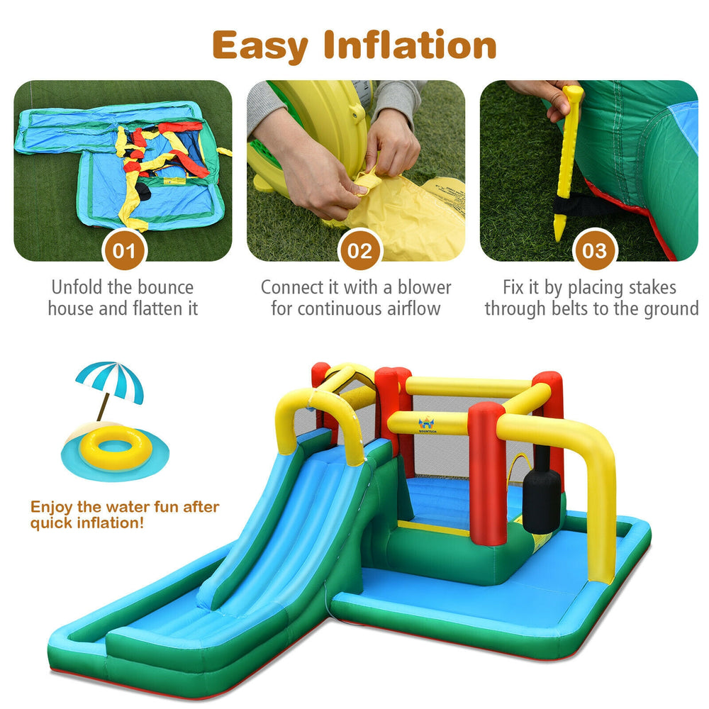 Inflatable water slide bounce house with easy inflation setup, featuring a long slide and durable oxford cloth for.
