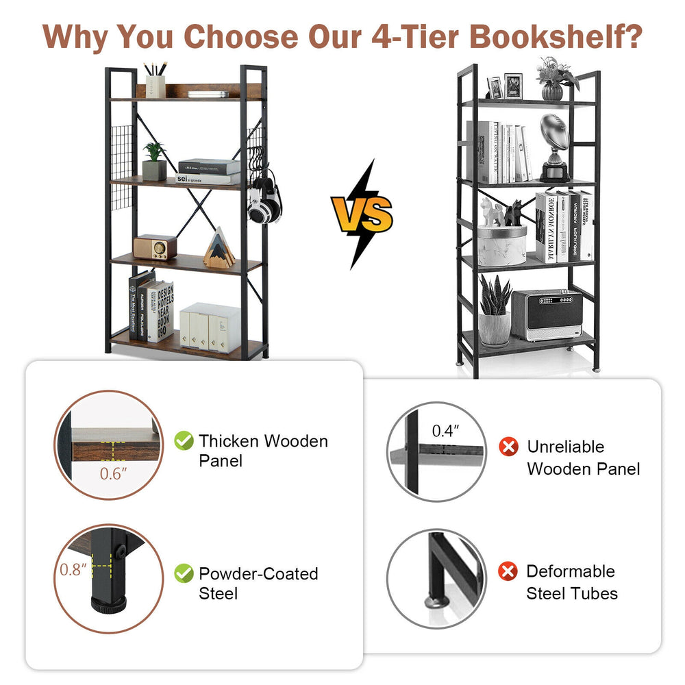 4-tier industrial bookshelf with adjustable wooden shelves and powder-coated steel frame for versatile storage in any.