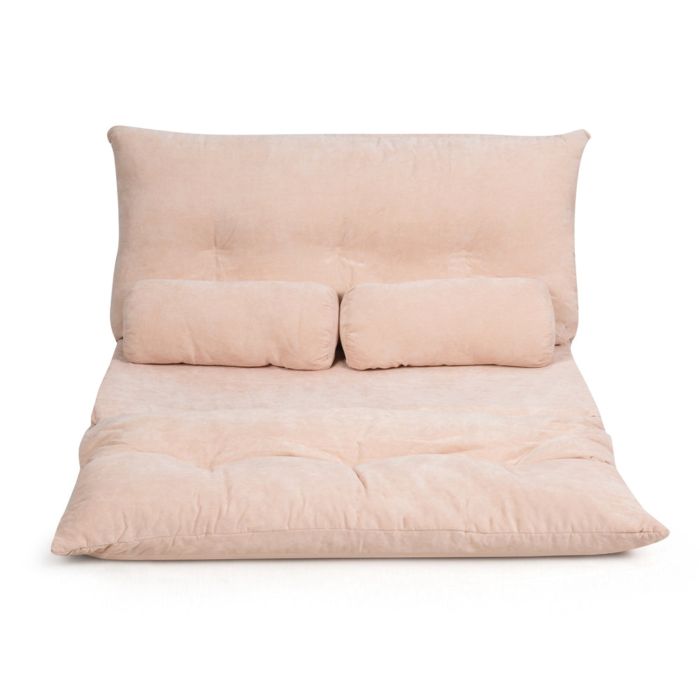 Beige 6-position adjustable sleeper lounge couch with two pillows, featuring a foldable design for versatile use.