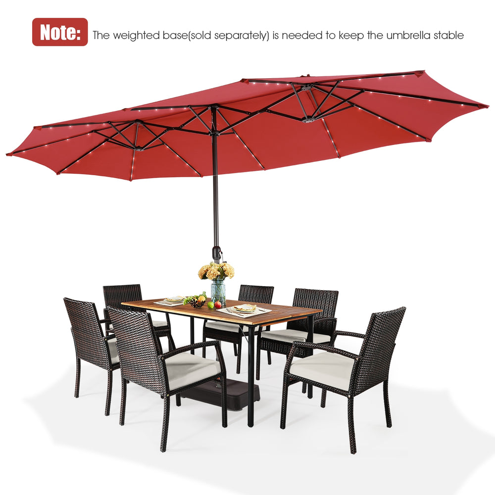 Double-sided 15-foot dark red patio umbrella with 48 solar LED lights, ideal for outdoor gatherings and commercial use.
