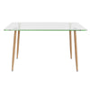 Rectangular glass dining table with wood grain imitation legs, ideal for home or office use, featuring adjustable foot.