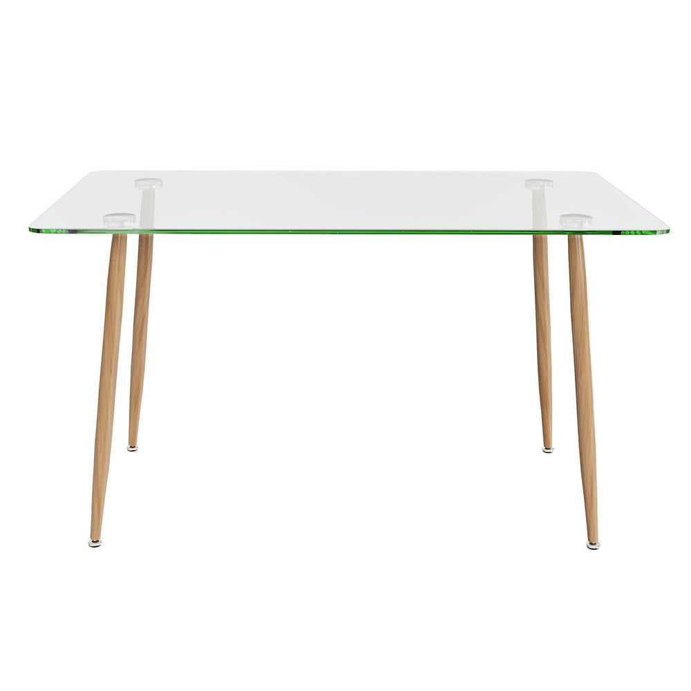 Rectangular glass dining table with wood grain imitation legs, ideal for home or office use, featuring adjustable foot.