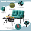 Turquoise 2-piece patio loveseat set with cushions and coffee table, perfect for outdoor relaxation and gatherings.