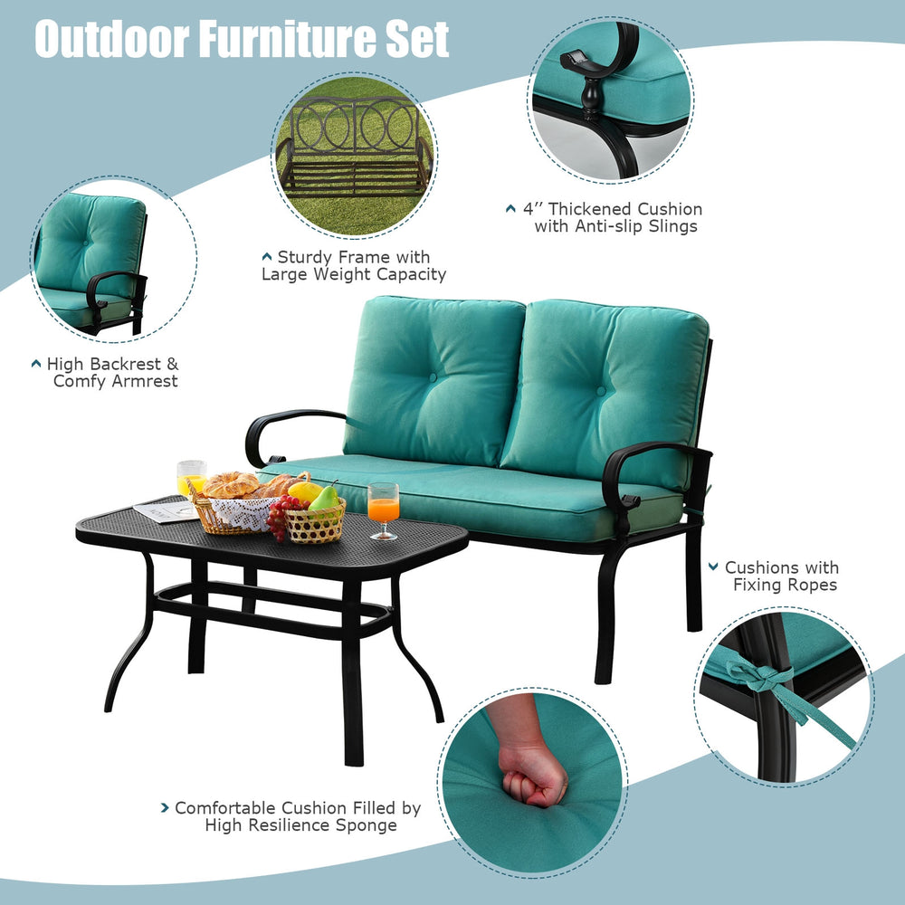Turquoise 2-piece patio loveseat set with cushions and coffee table, perfect for outdoor relaxation and gatherings.