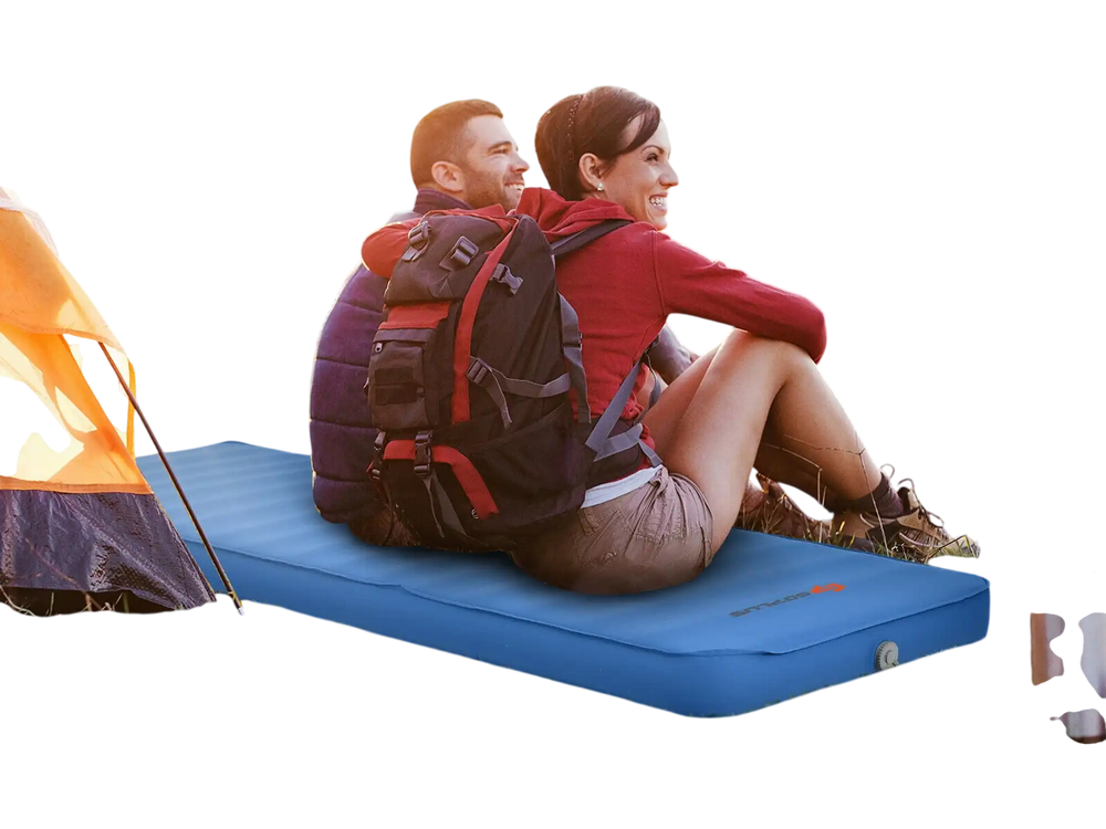 Self-inflating blue camping sleeping mattress with high-density sponge, ideal for outdoor activities and easy storage.