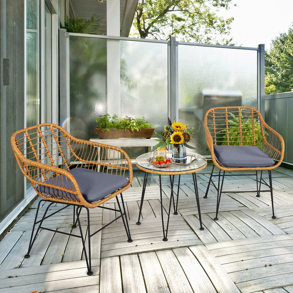 3 Pieces Rattan Furniture Set with Cushioned Chair Table-Gray - Gallery View 1 of 12