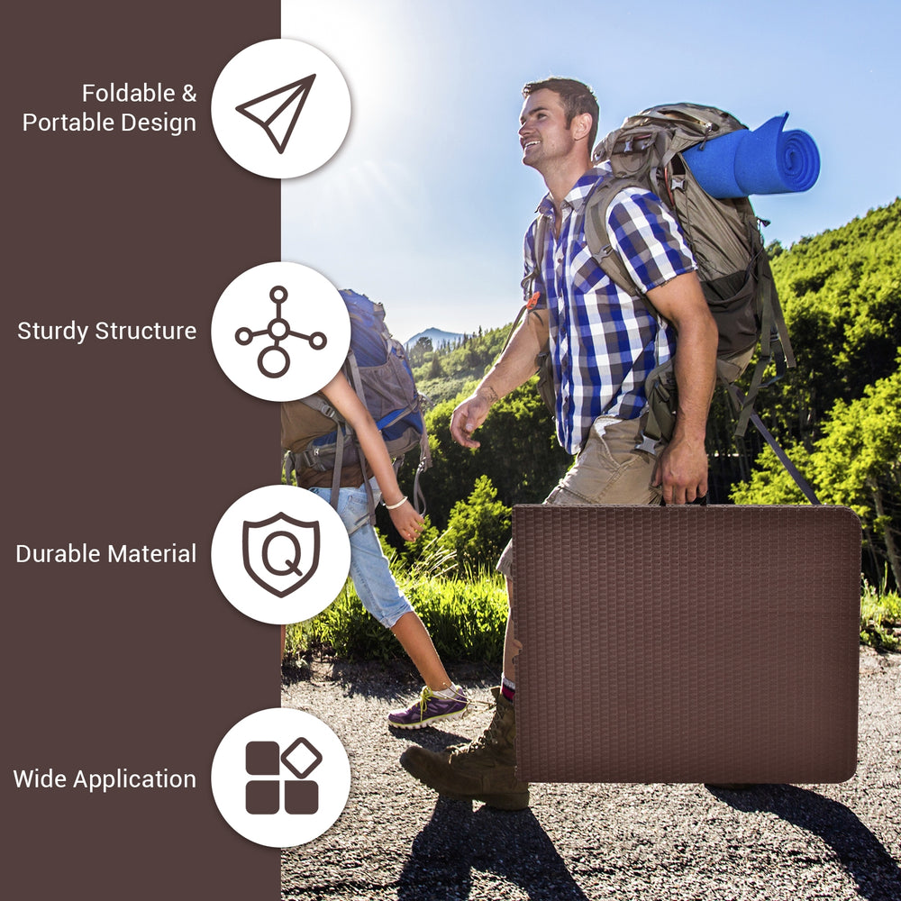 6 feet folding portable rattan table with carrying handle, durable HDPE and steel, ideal for outdoor activities.
