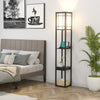 Modern floor lamp with shelves and drawer, featuring USB ports and a white lampshade for a cozy bedroom ambiance.