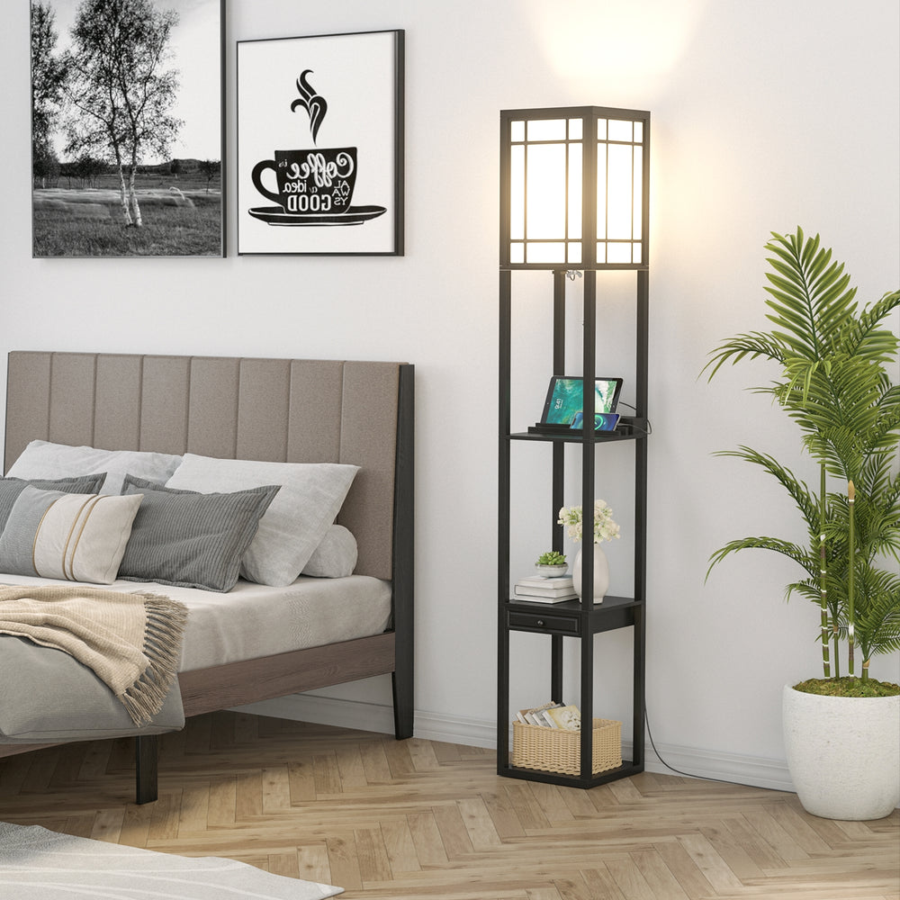 Modern floor lamp with shelves and drawer, featuring USB ports and a white lampshade for a cozy bedroom ambiance.