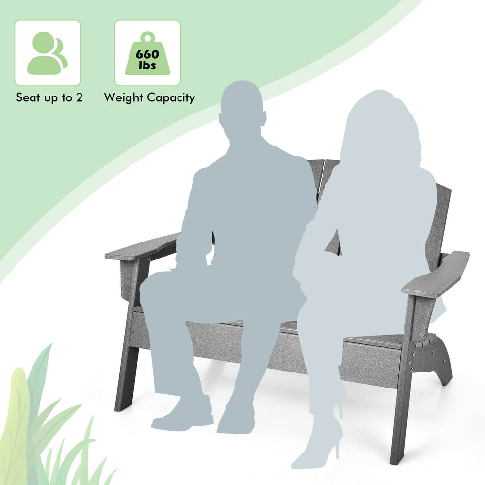 Gray HDPE patio Adirondack chair showing ample seating for two, with a weight capacity of 660 lbs for outdoor use.