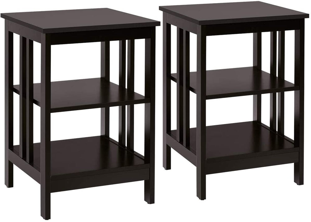 Dark brown 3-tier nightstand set with reinforced bars, featuring open compartments for storage in any room.