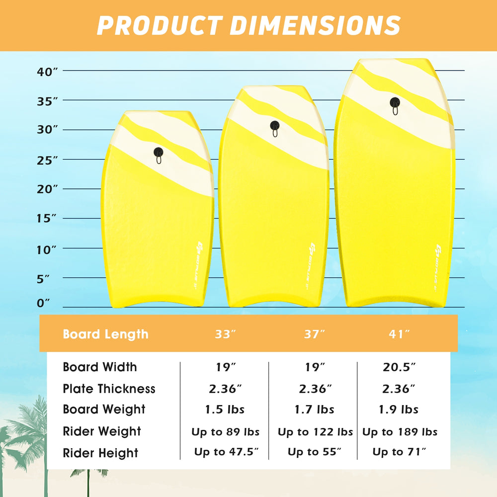 Three lightweight yellow bodyboards with EPS core, showcasing dimensions for optimal surfing experience.
