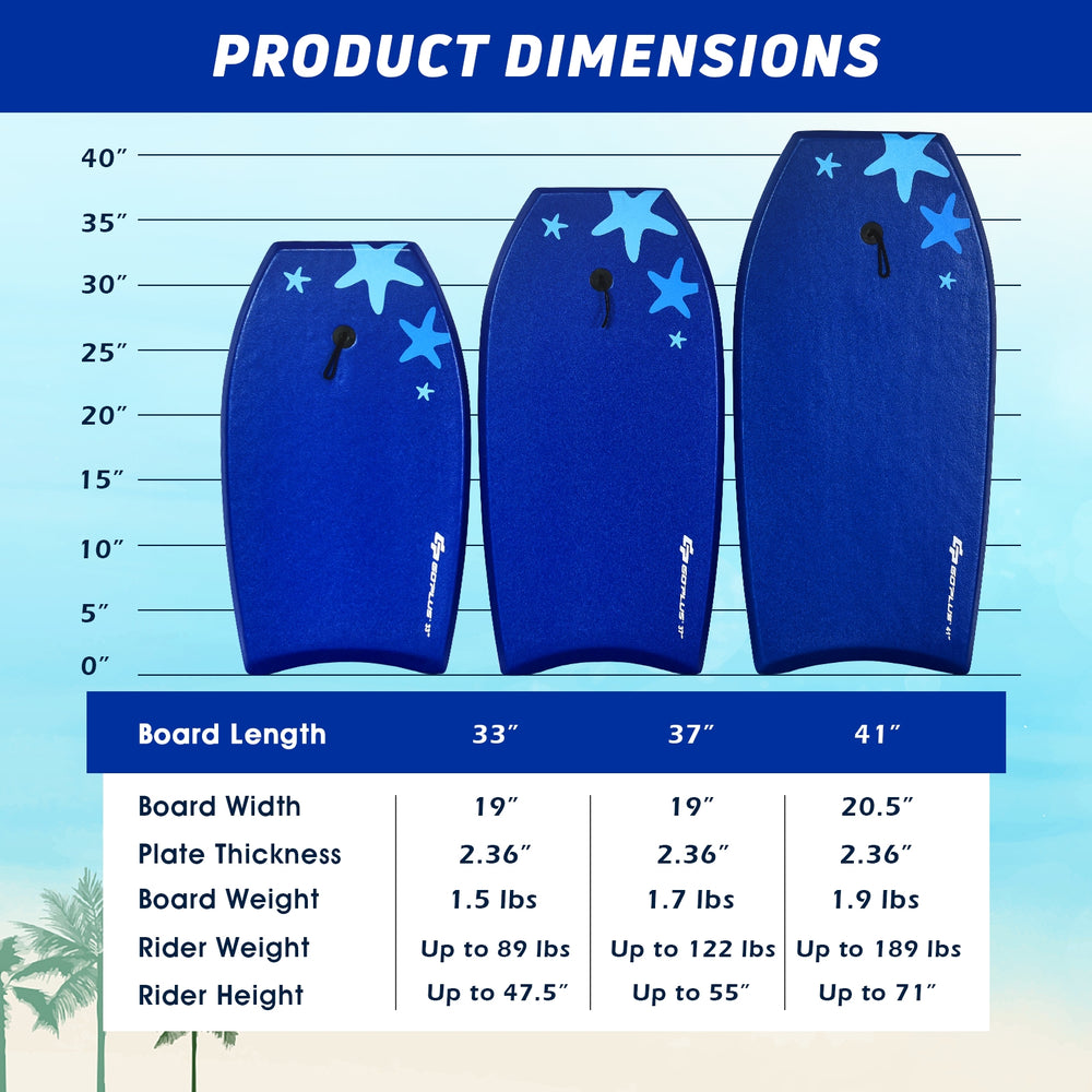 Dimensions chart for the 41-inch lightweight bodyboard, showcasing board length, width, and rider specifications.