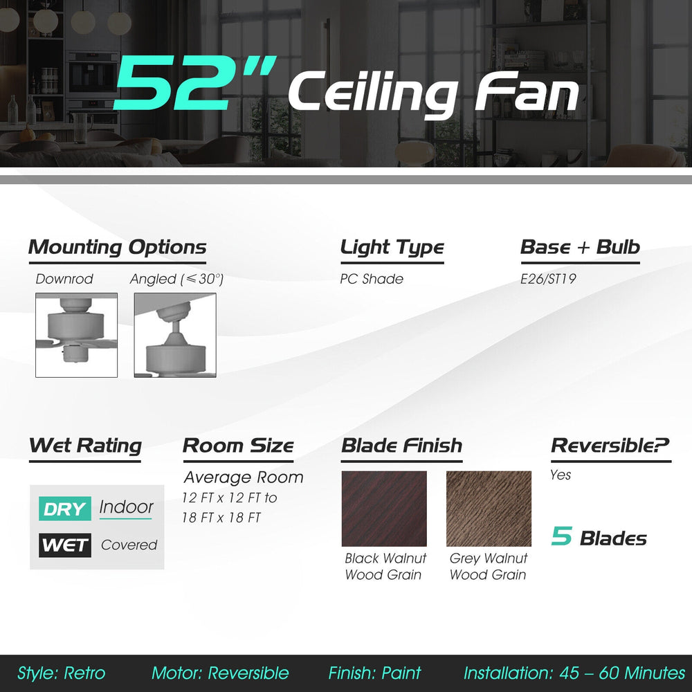 52-inch retro ceiling fan with 5 reversible blades in black, featuring 3 wind speeds and remote control for indoor use.