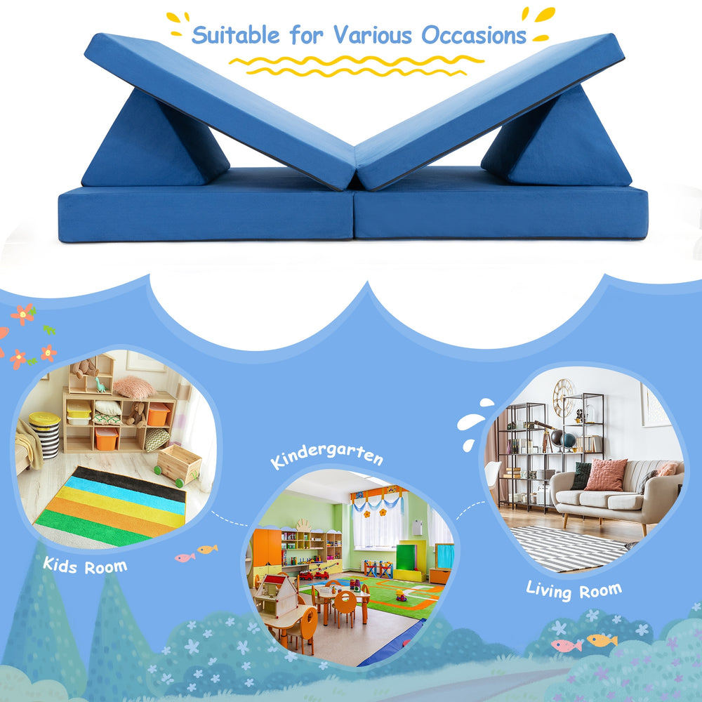 Convertible blue kids couch set with two folding mats and pillows, ideal for playrooms and imaginative activities.