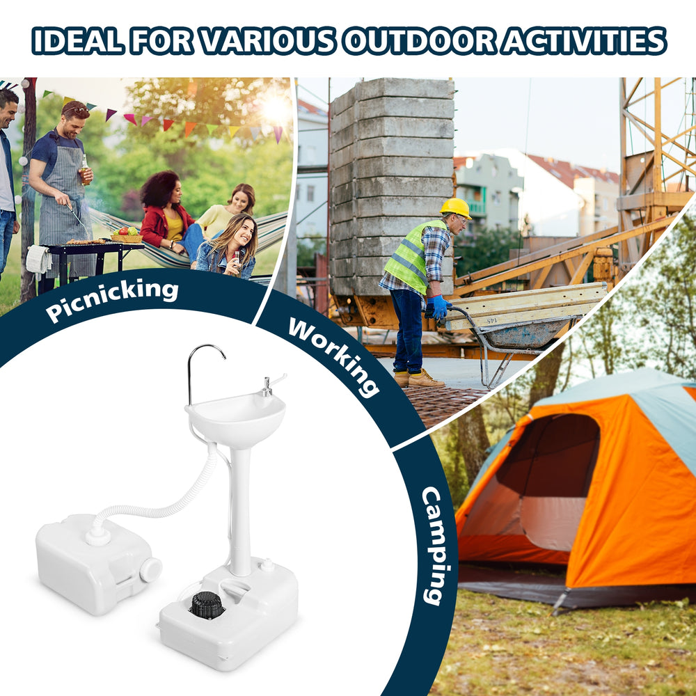 Camping hand wash station basin with 4.5-gallon tank, ideal for picnicking, working, and camping activities.