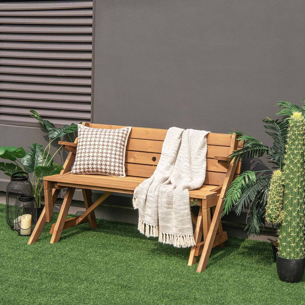 Transforming wooden picnic table bench in dark brown, accommodating 4 for picnics, perfect for outdoor relaxation.