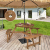 Round wooden picnic table with umbrella hole, dark brown, seating 6 with 3 built-in benches for outdoor use.