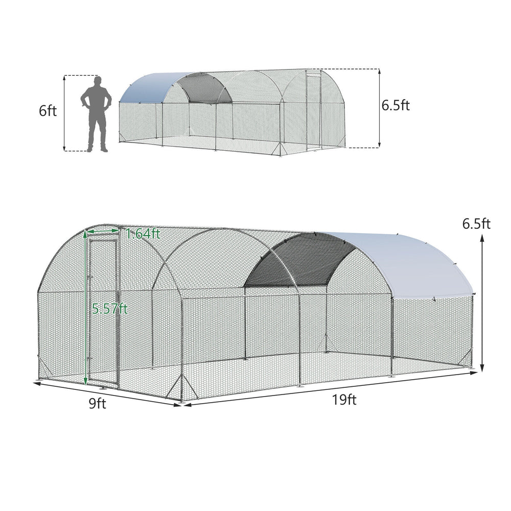Large metal chicken coop with galvanized steel frame, waterproof cover, and lockable door for outdoor use.