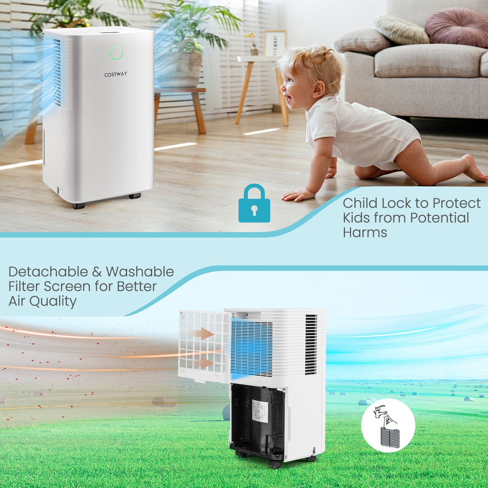 Dehumidifier with child lock and washable filter, ideal for 1750 sq. ft. rooms, ensuring better air quality.