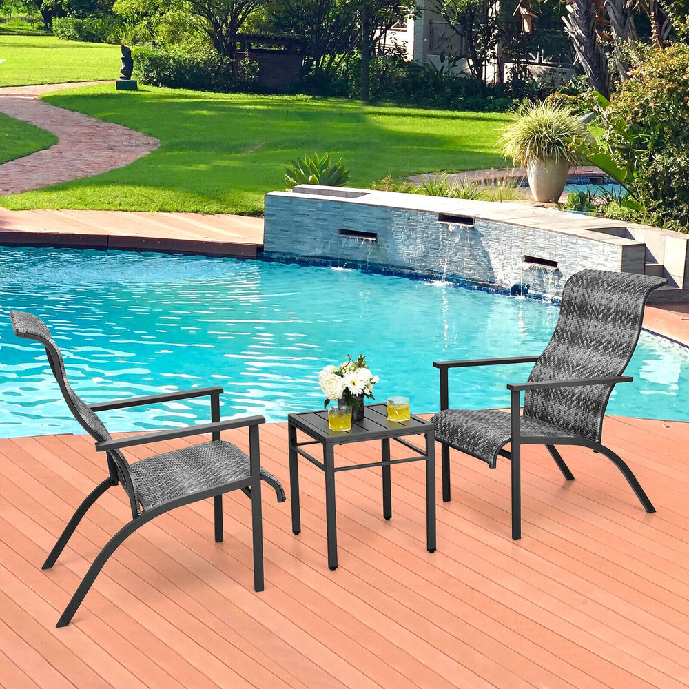 3-piece patio rattan bistro set with high backrest and armrests, perfect for outdoor relaxation by the poolside.