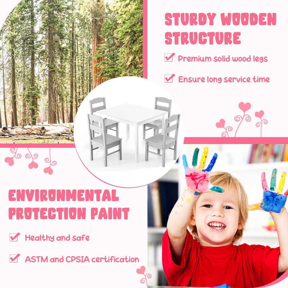 Kids 5-piece table and chair set in white, featuring sturdy wooden structure and eco-friendly paint for safe play.
