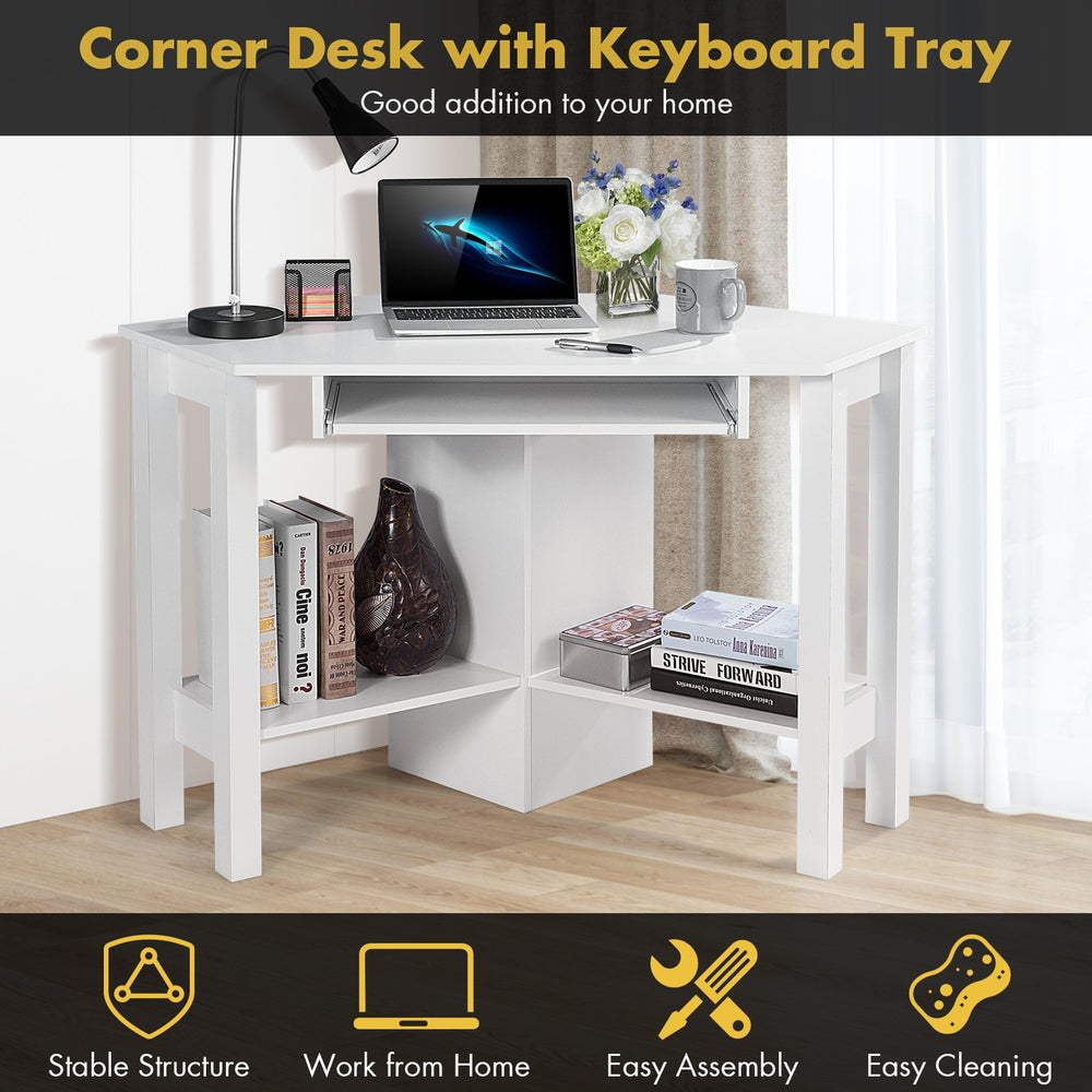 Corner wooden study desk with keyboard tray, spacious design, ideal for home office and maximizing floor space.