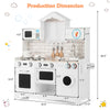Wooden kids kitchen playset with washing machine, oven, sink, and accessories for imaginative play, measuring 36.5.