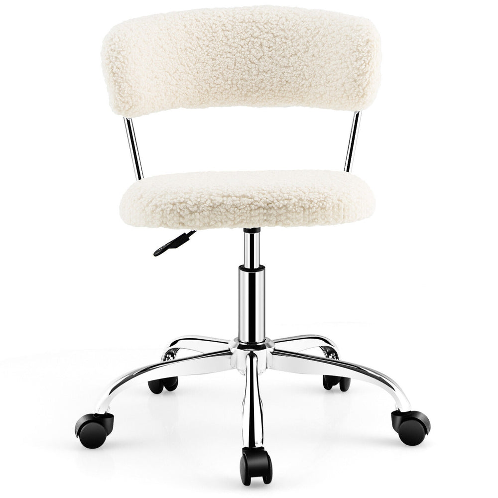 Sherpa swivel office chair in white with chrome base, adjustable height, and rolling casters for versatile use.