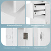 Close-up of the white bathroom tall storage cabinet showcasing waterproof surface, smooth slide rail, and adjustable.
