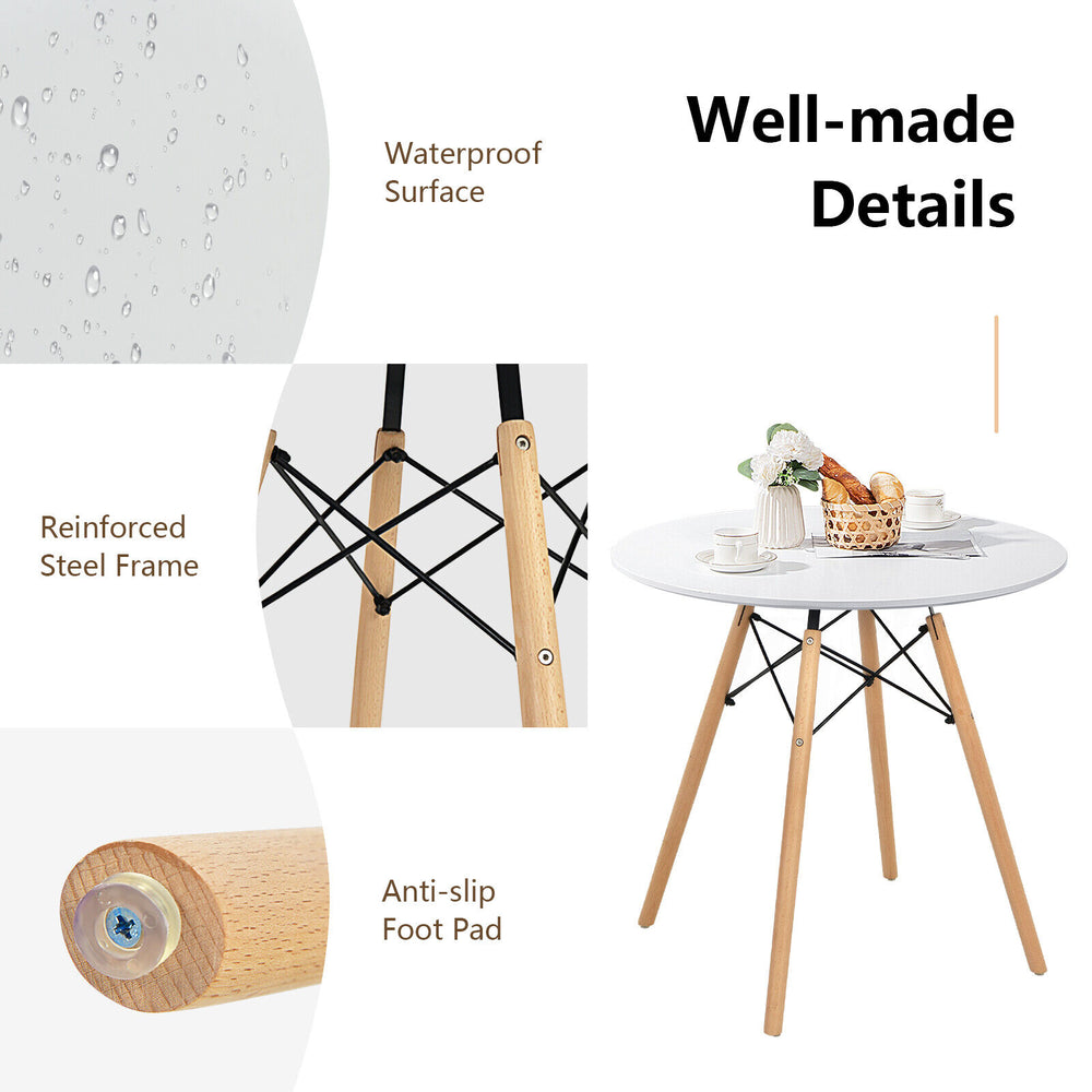 Round modern dining table with solid beech wood legs, waterproof surface, and anti-slip foot pads for stability.