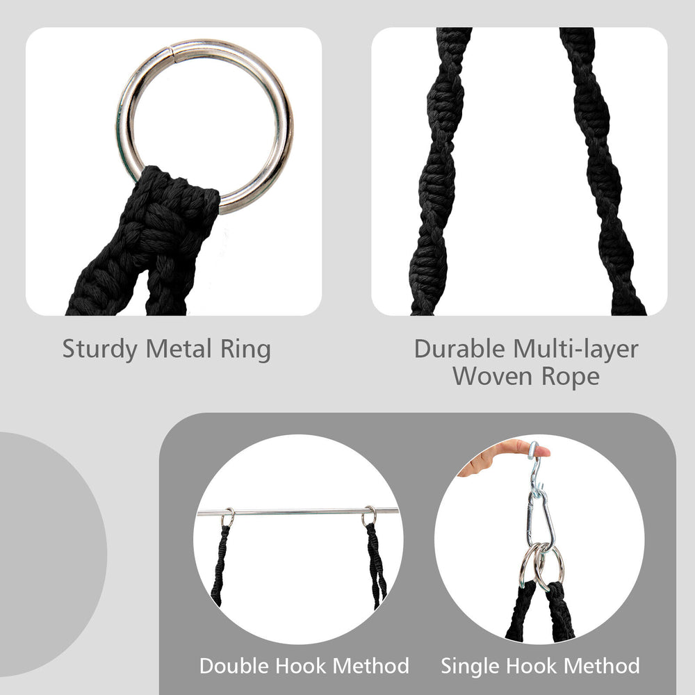 Sturdy metal rings and durable multi-layer woven ropes for the cushioned hammock swing chair with hanging kit.