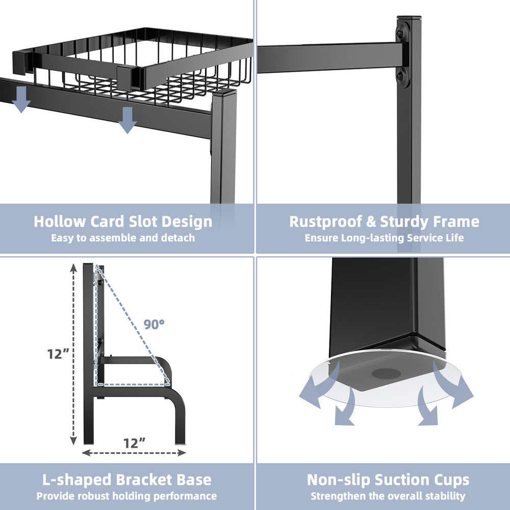 2 Tier adjustable over sink dish drying rack with 4 baskets and 8 hooks, featuring a rustproof frame and non-slip.