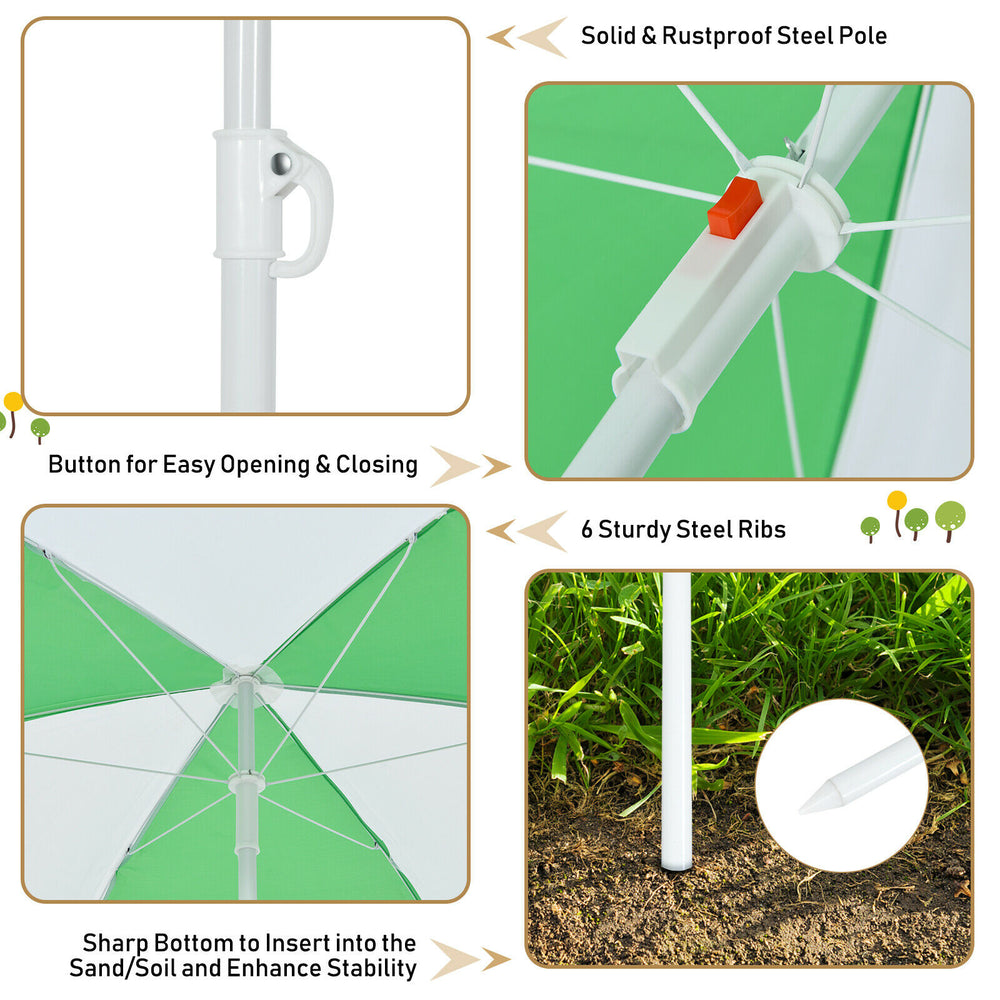 Green umbrella with rustproof steel pole and 6 sturdy ribs, designed for the 3-in-1 kids picnic water sand table.